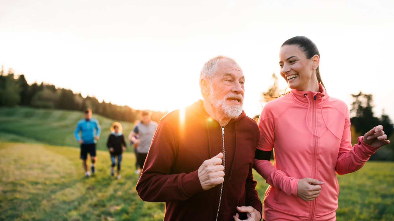 Older man jogging with friend