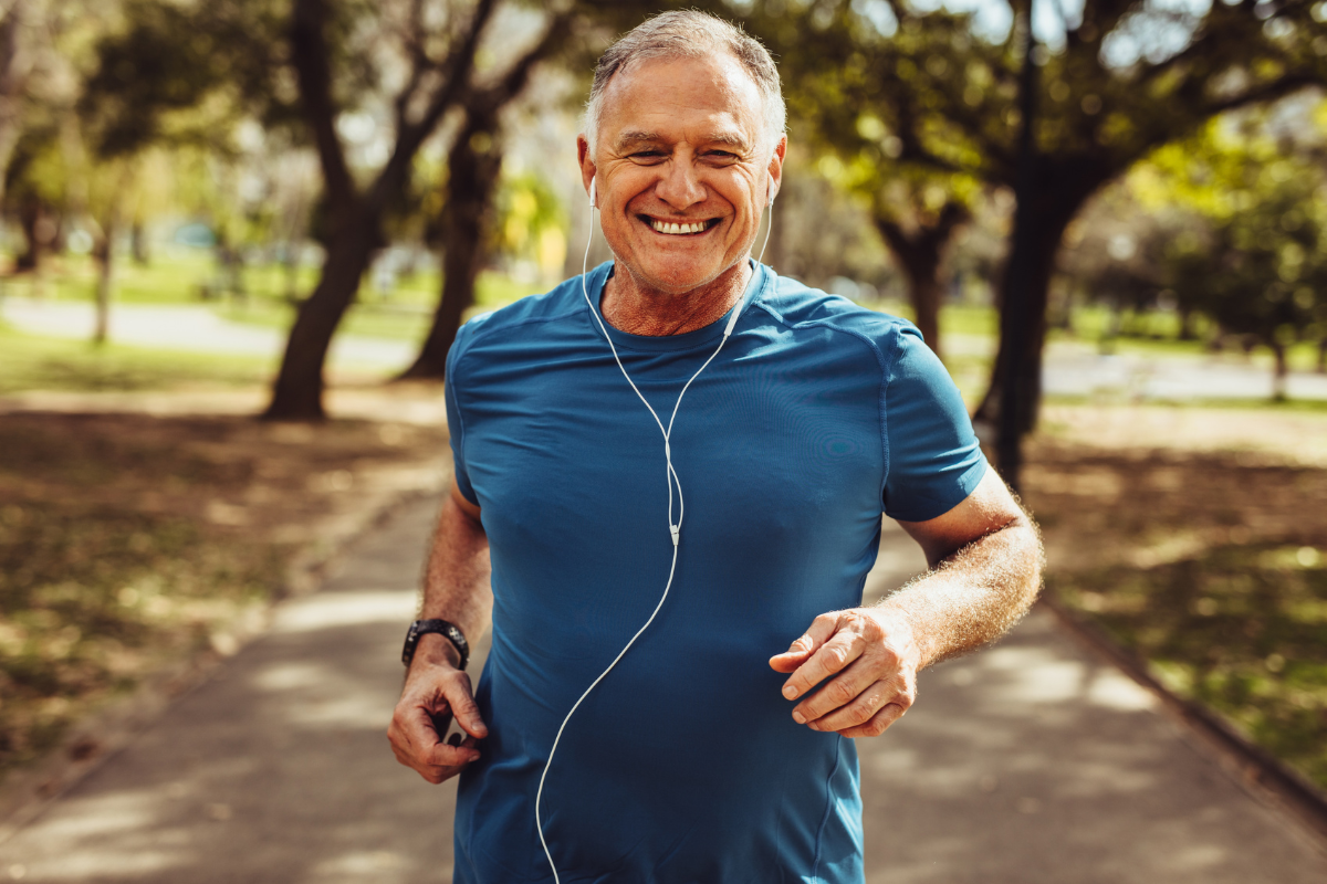 Jogging man happy with his men's hormonal health