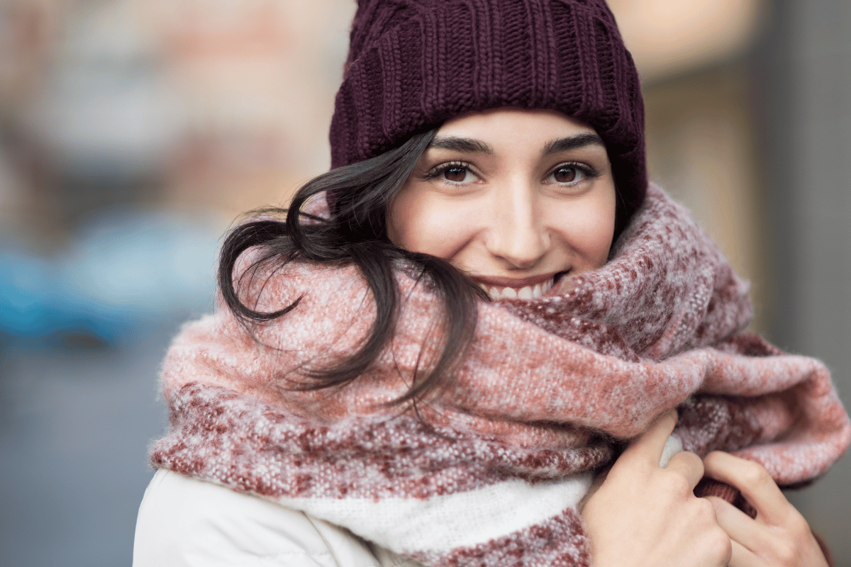 A women in a hat and scarf in winter