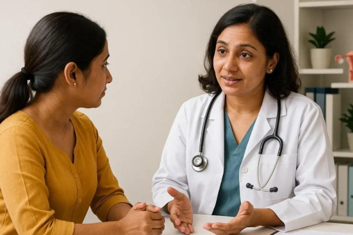 Woman in a yellow shirt speaking to her doctor about hormone therapy
