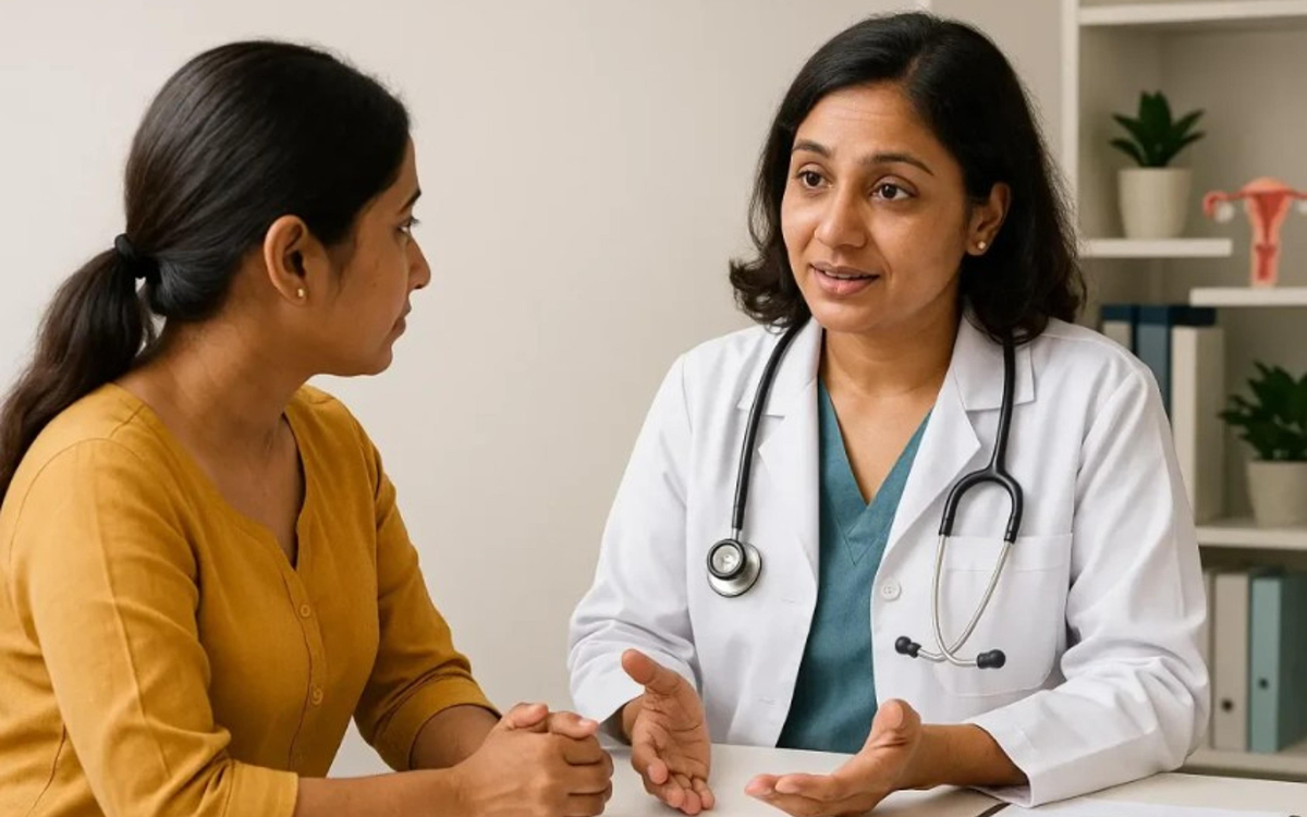 Woman in a yellow shirt speaking to her doctor about hormone therapy